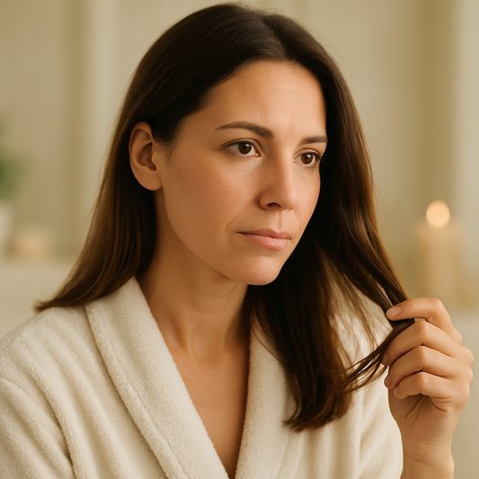 Mujer en la menopausia examinando la caída de su cabello frente al espejo con preocupación