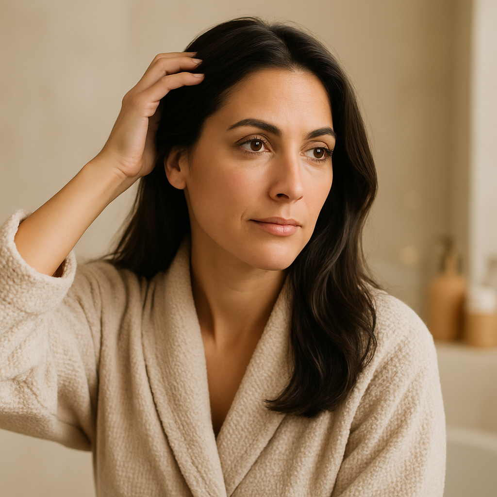 Mujer observando caída del cabello por estrés con cepillo lleno de cabellos en la mano