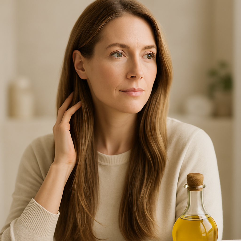 Pumpkin seed oil softgel capsules and pumpkin seeds arranged on a natural surface, representing DHT-blocking hair growth supplements for women