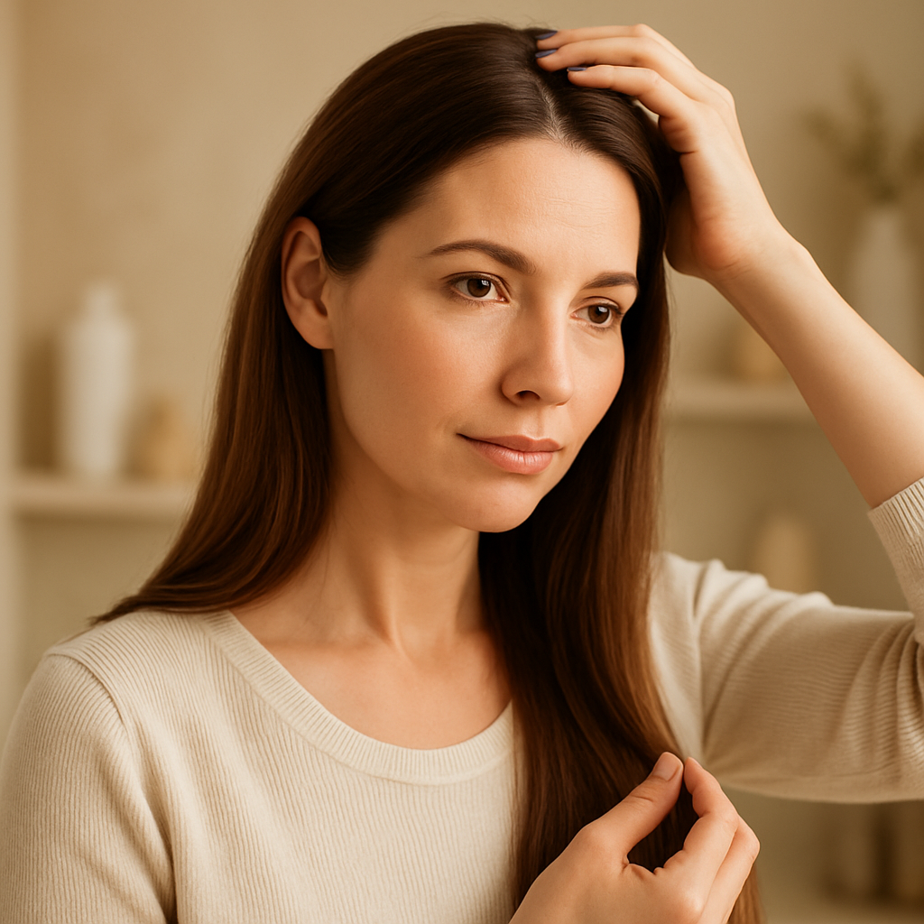 Woman examining hair thinning at the crown — a common early sign of female pattern hair loss in UK women