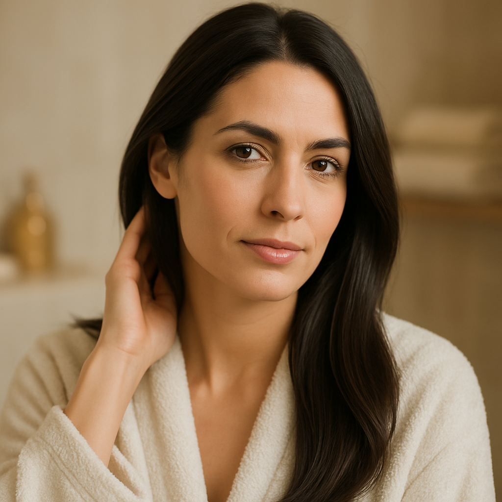 Saw palmetto para el cabello en mujeres: bayas de Serenoa repens y cápsulas de extracto natural sobre superficie neutra