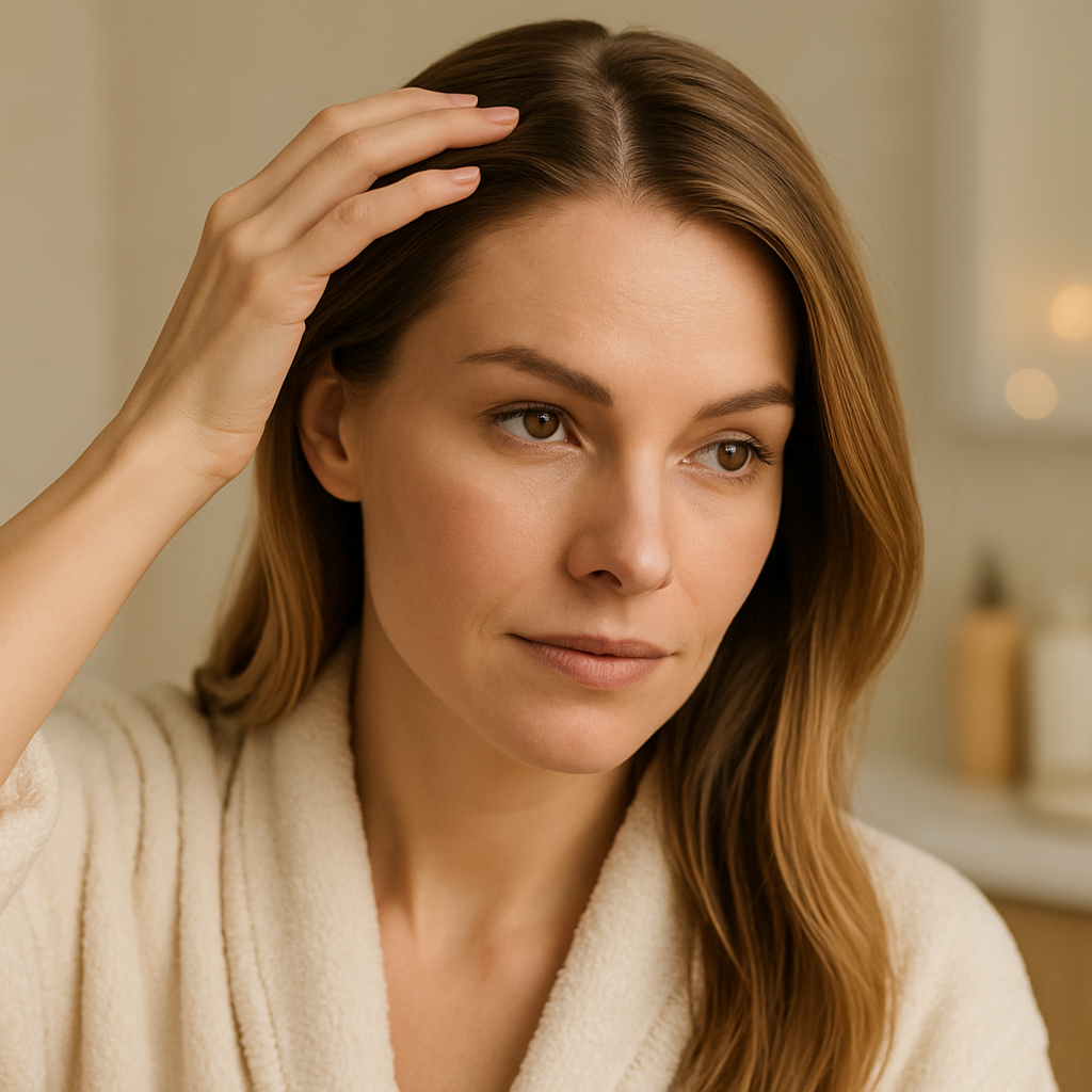 Woman examining crown thinning in mirror illustrating female pattern hair loss treatment options in the UK