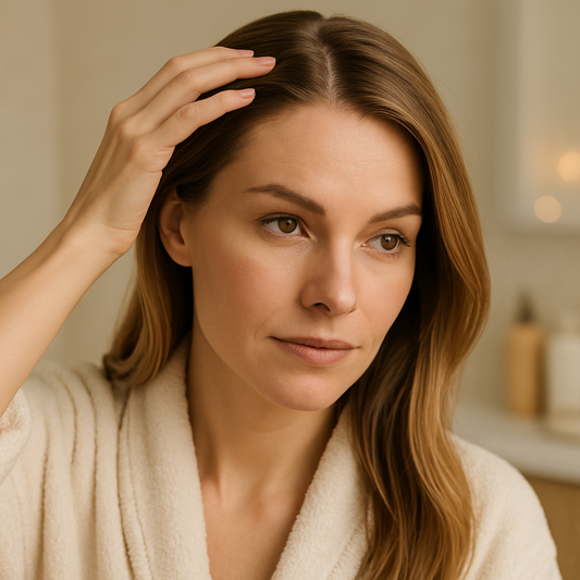 Woman examining crown thinning in mirror illustrating female pattern hair loss treatment options in the UK