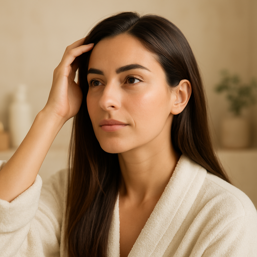 Ilustración científica del DHT en mujeres y estrategias naturales para reducirlo y frenar la caída del cabello