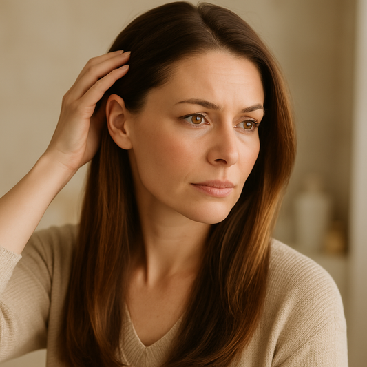 Woman examining crown hair thinning caused by post-menopausal hormonal changes — UK solutions for hair loss after menopause