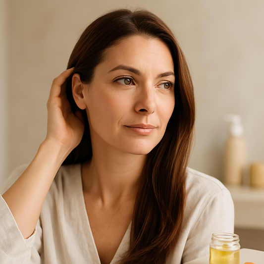 Flat-lay of vitamins and hair supplements on a white background representing the best vitamins for thinning hair UK 2026
