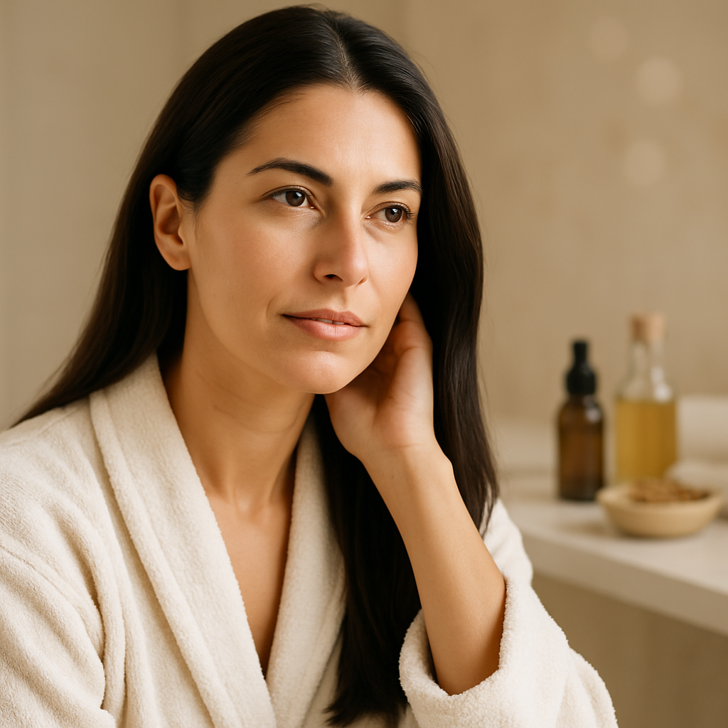 Mujer con suplementos naturales como alternativa al finasteride para la caída del cabello de origen hormonal