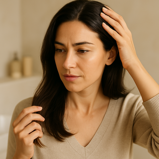 Mujer en perimenopausia con síntomas de cabello fino y caída hormonal — guía tricológica Lumeyr