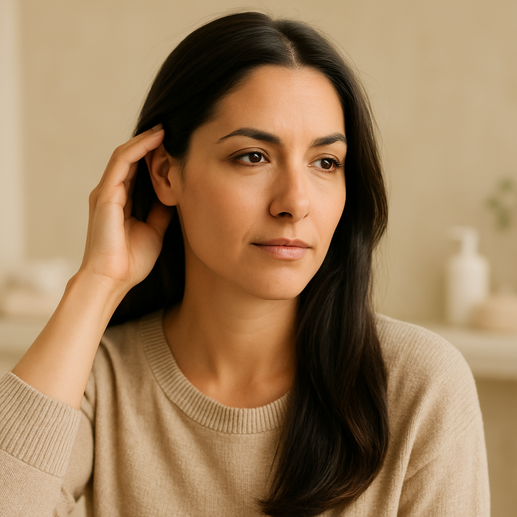 Mujer con caída del cabello causada por cortisol alto y estrés crónico — guía Lumeyr