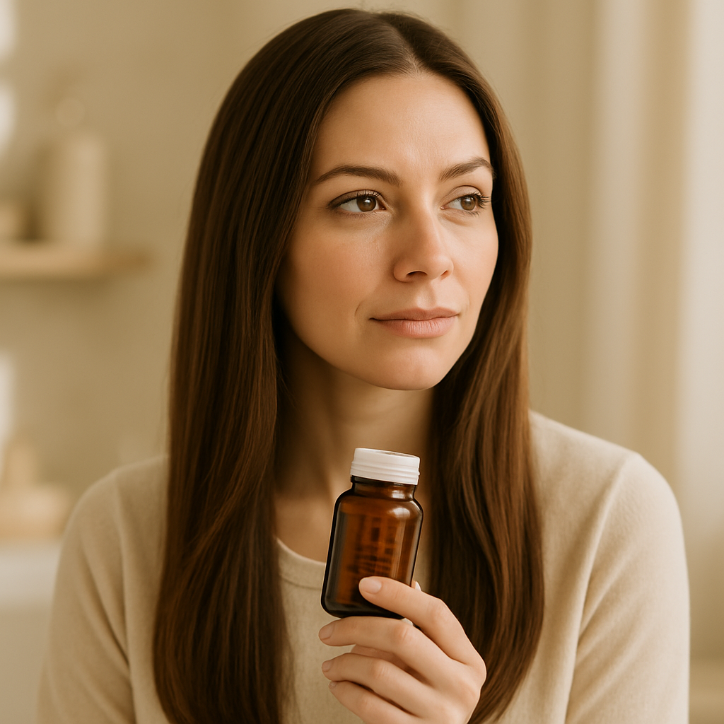Woman checking hair thinning — iron supplements for hair growth UK guide by Lumeyr trichology experts