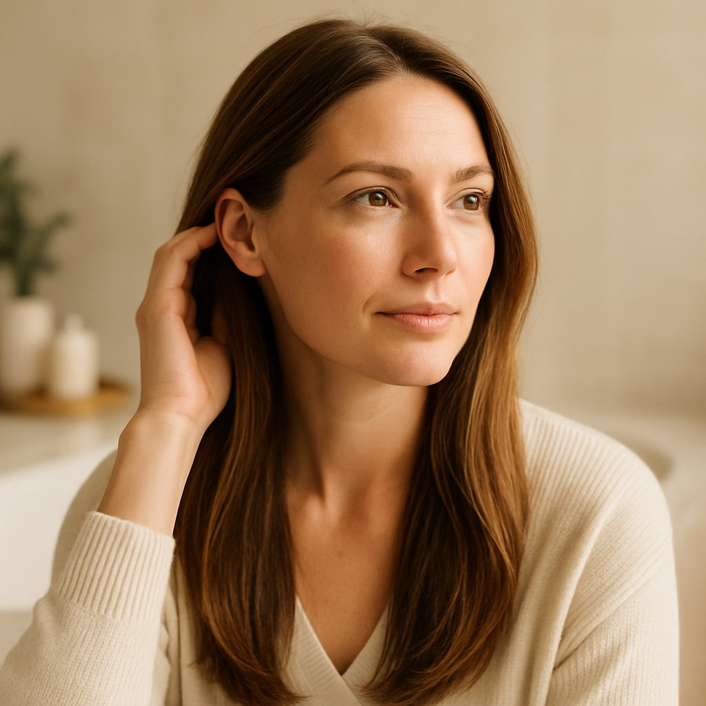 Woman examining hair thinning at crown alongside vitamin D supplements illustrating the hair loss link