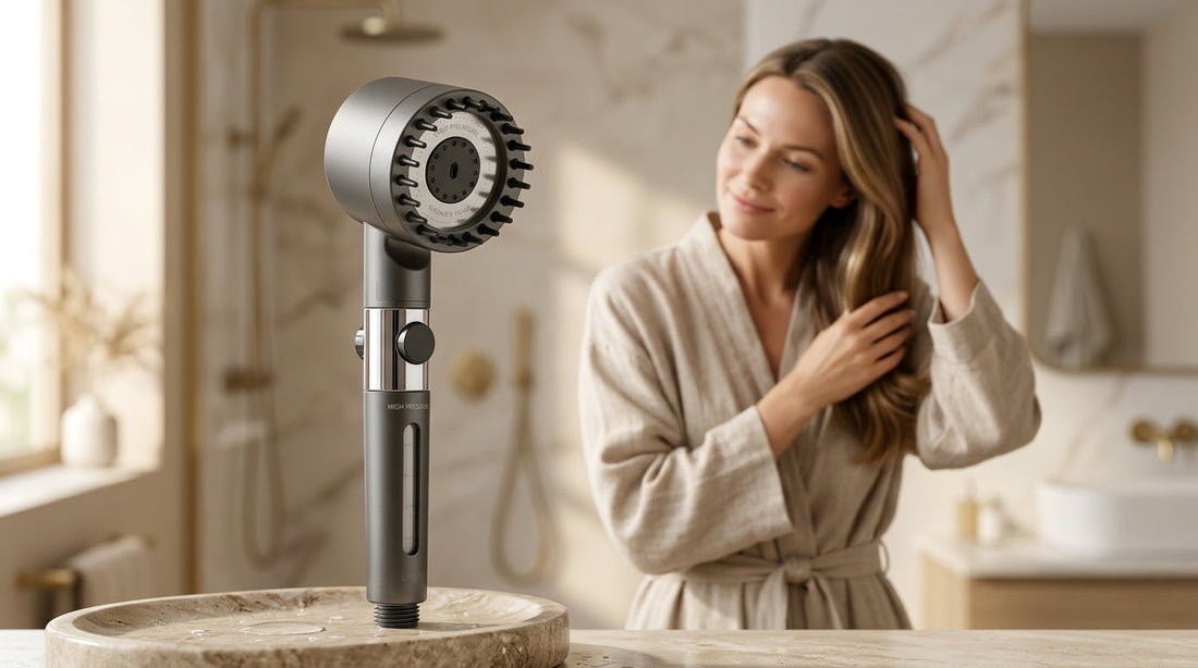 Best filtered showerhead for hair UK 2026 — Lumeyr showerhead in a clean bathroom setting showing filter housing