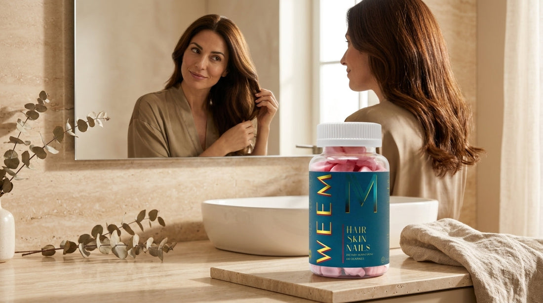 Zinc para el cabello: fuentes alimentarias, cápsulas y suplementos sobre fondo neutro con detalle de folículo piloso