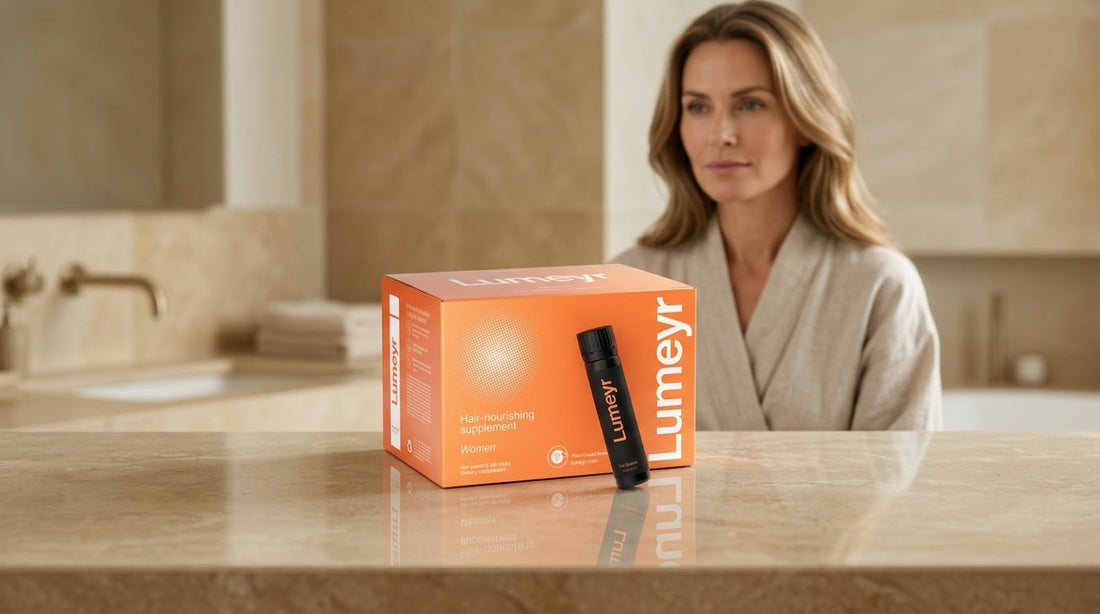 Liquid hair supplement shot placed next to tablet capsules — format comparison guide for women's hair health UK 2026