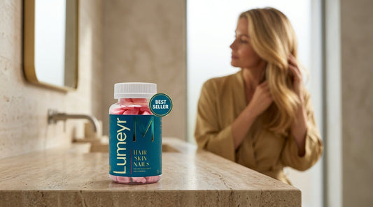 Flat-lay of hair growth supplement gummies and capsules with hair strands, UK buying guide 2026 by Lumeyr