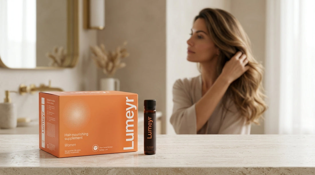 Mujer peinándose observando caída de cabello posparto junto a vitaminas y suplementos capilares