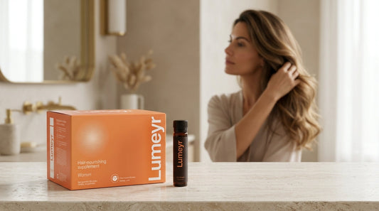 Mujer peinándose observando caída de cabello posparto junto a vitaminas y suplementos capilares