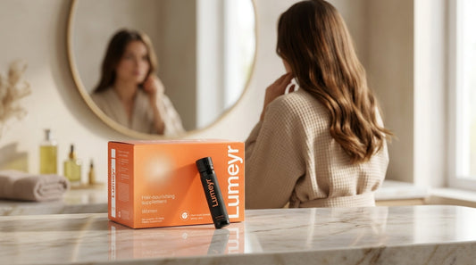 Drinkable hair supplement shot bottles lined up on a marble surface for a UK buying guide comparison 2026