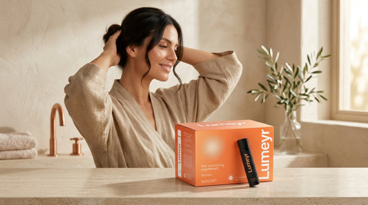 Mujer en la menopausia comparando suplementos de vitaminas para la caída del cabello sobre una mesa iluminada