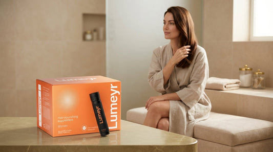 Woman examining hair loss while holding a contraceptive pill packet in a UK bathroom setting