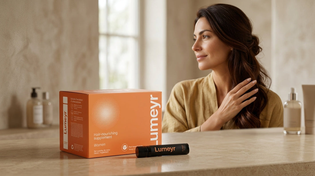 Suplementos de biotina y colágeno para el cabello comparados sobre superficie blanca con frasco Lumeyr al fondo