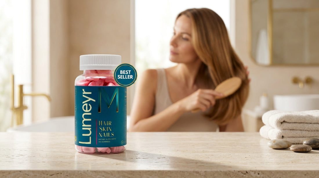 Lumeyr Hair Skin and Nails Gummies on a marble surface with botanical ingredients — UK buying guide 2026