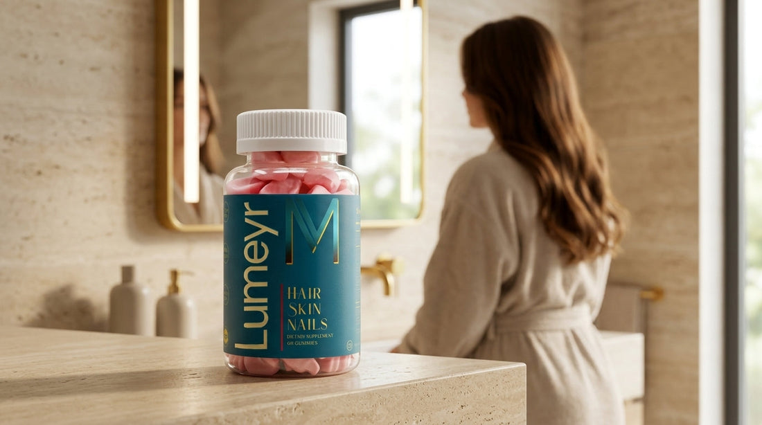 Best supplements for hair skin and nails UK — gummies capsules and softgels arranged on a neutral surface for comparison