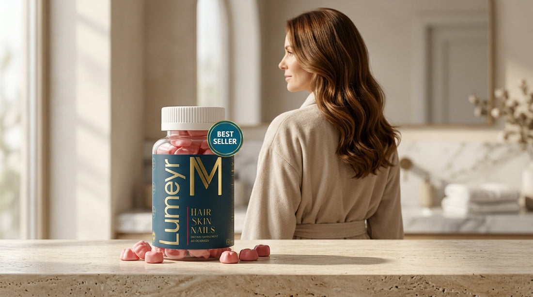 Vitamins, minerals and whole foods arranged to illustrate the key nutrients for hair health and growth in women