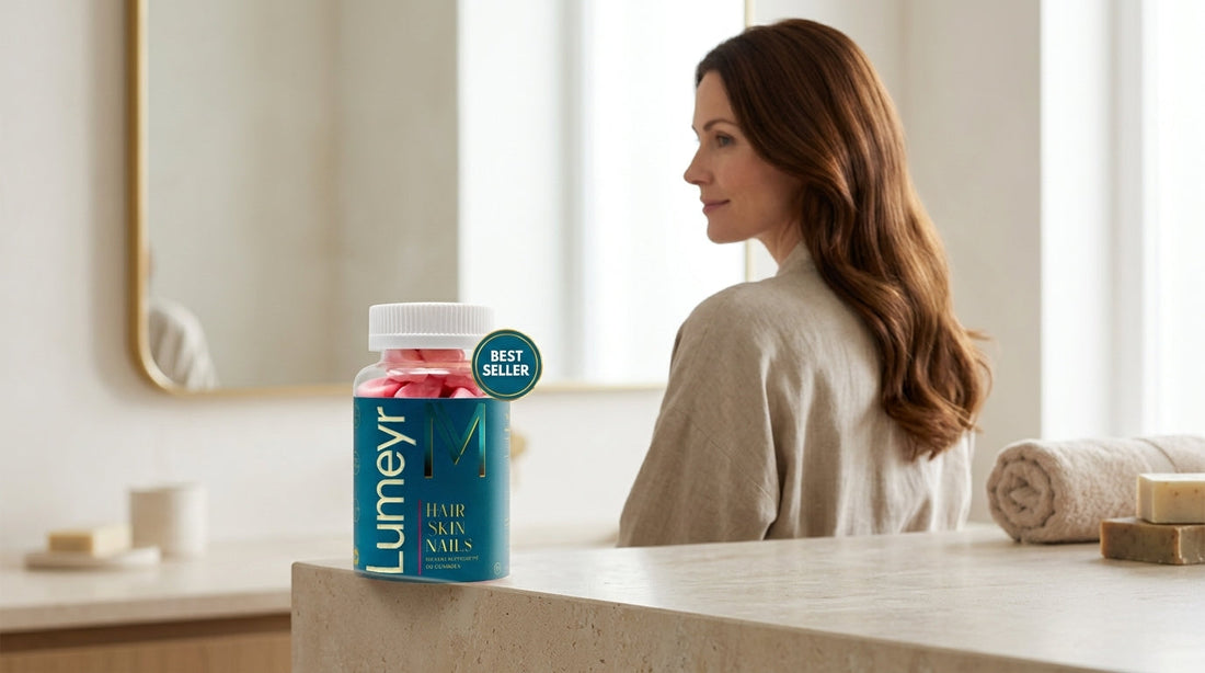 Assortment of UK hair growth supplements including gummies, capsules and softgels arranged on a marble surface