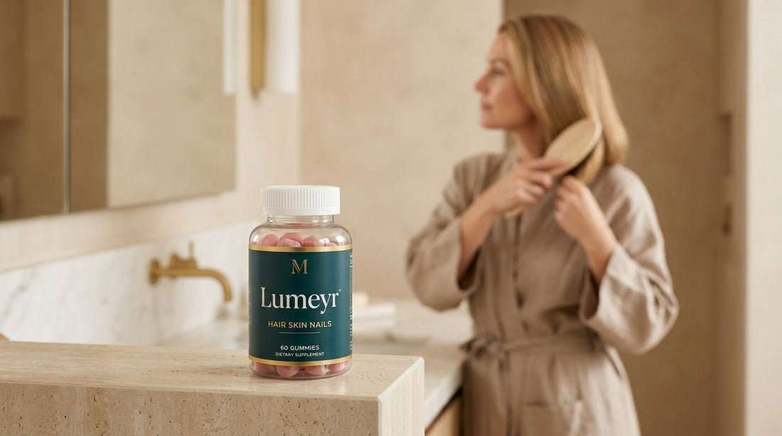 Collagen and biotin supplement bottles on a marble surface — comparison guide for hair health supplements available in the UK