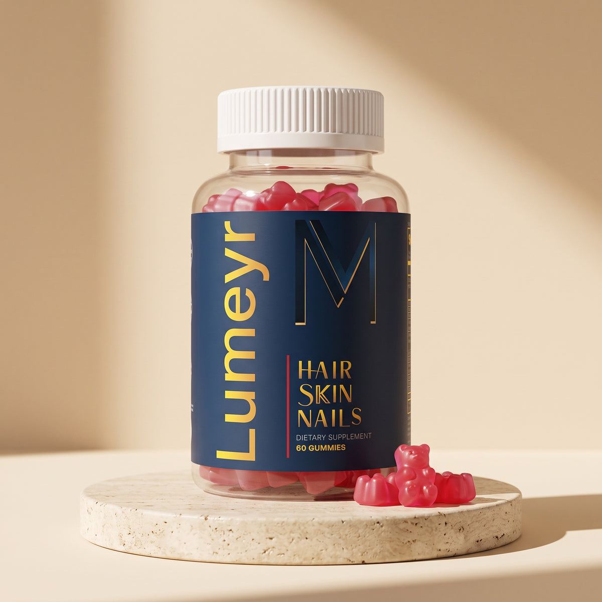 Lumeyr Hair Skin Nails gummies bottle on a travertine stone plinth with red gummy bears