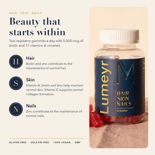 Lumeyr Hair Skin Nails benefits: biotin and zinc for normal hair, vitamins A and C for skin, zinc for nails