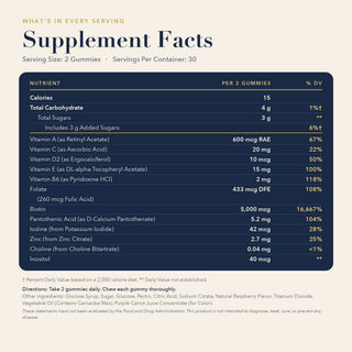 Lumeyr Hair Skin Nails gummies Supplement Facts: 2 gummies per serving, 5,000 mcg biotin, vitamins A, C, D2, E, B6, folate, pantothenic acid, zinc