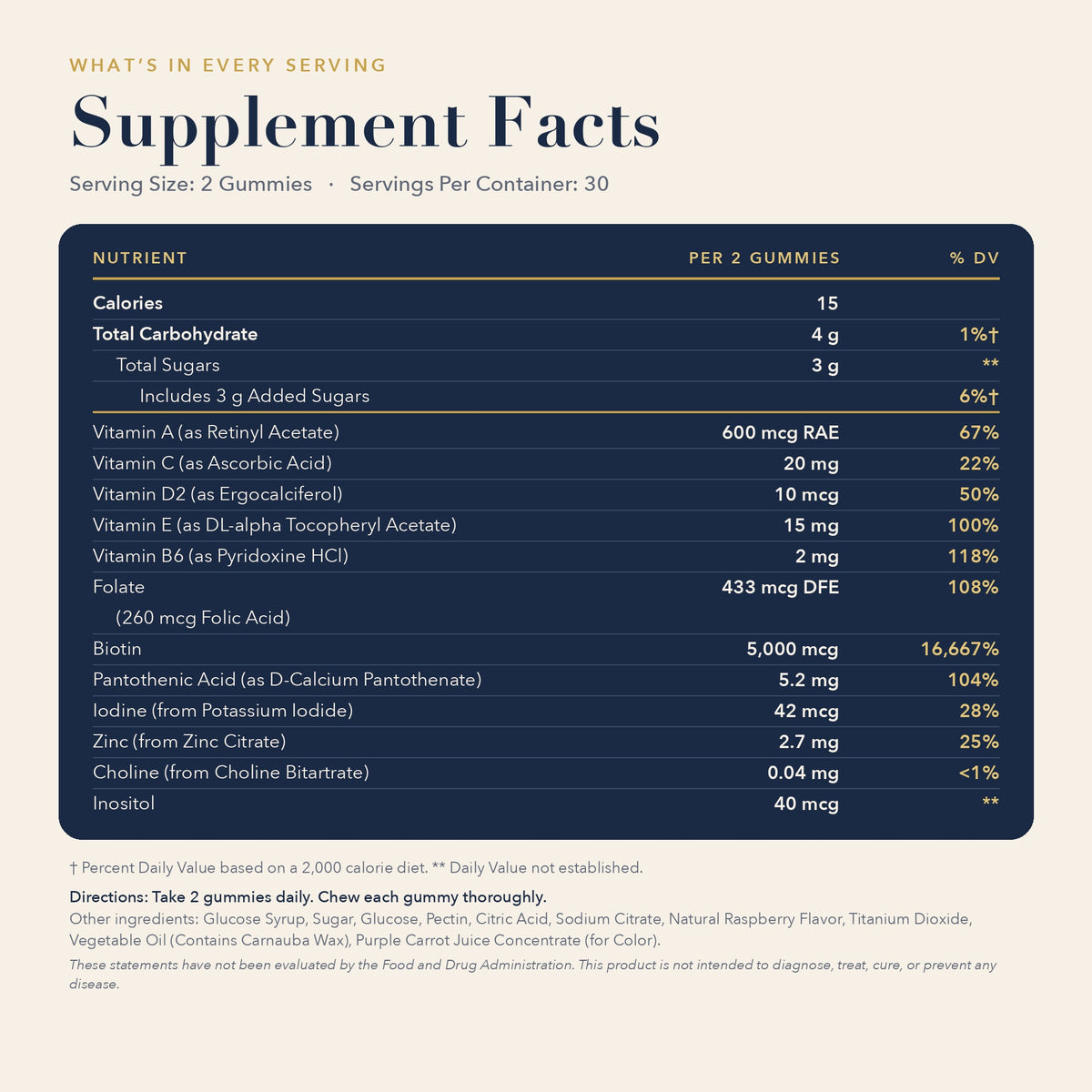 Lumeyr Hair Skin Nails gummies Supplement Facts: 2 gummies per serving, 5,000 mcg biotin, vitamins A, C, D2, E, B6, folate, pantothenic acid, zinc