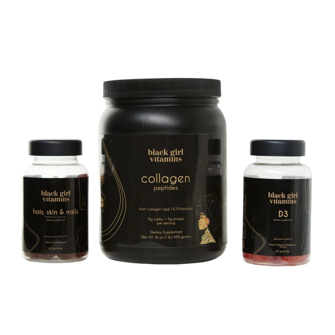 Three Lumeyr products: Hair, Skin & Nails gummies, Collagen Peptides container, and D3 gummies.