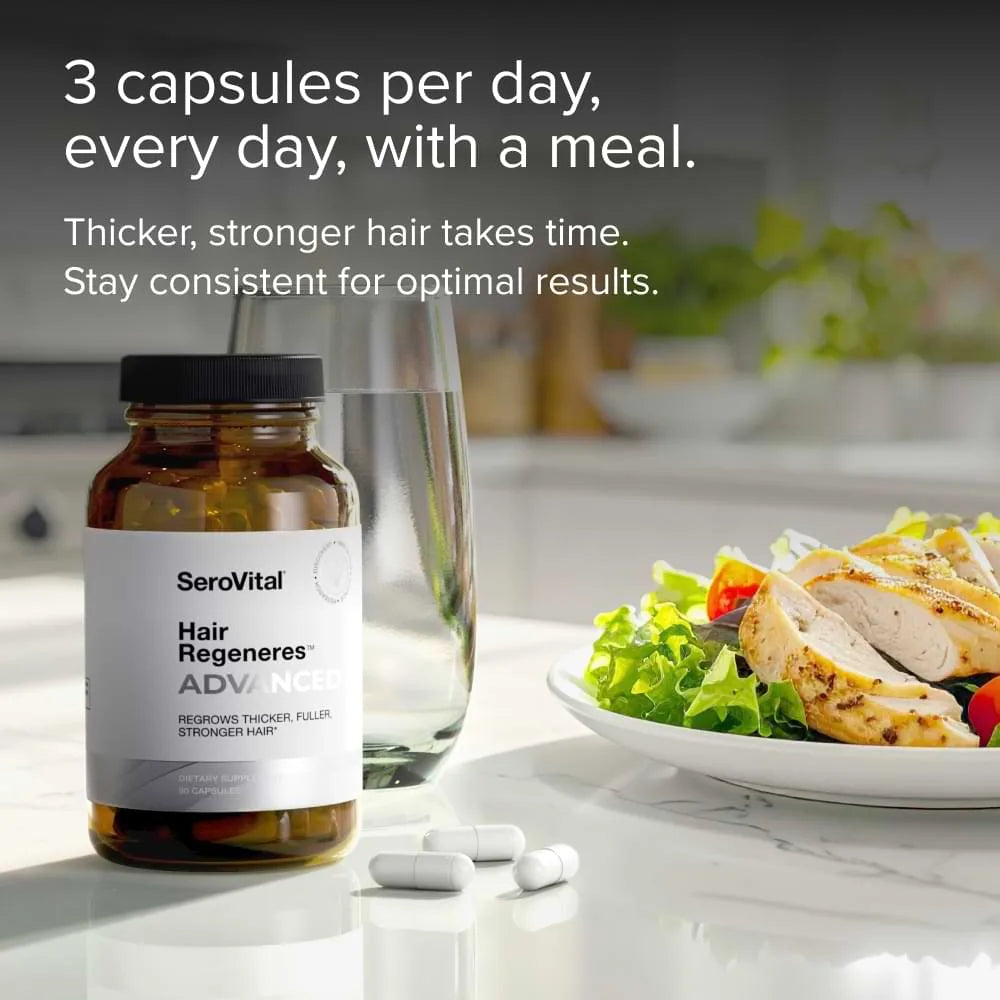 Lumeyr Hair Regeneres Advanced bottle next to a glass of water and a meal of chicken and salad, illustrating the dosing instruction: 3 capsules per day, every day, with a meal.