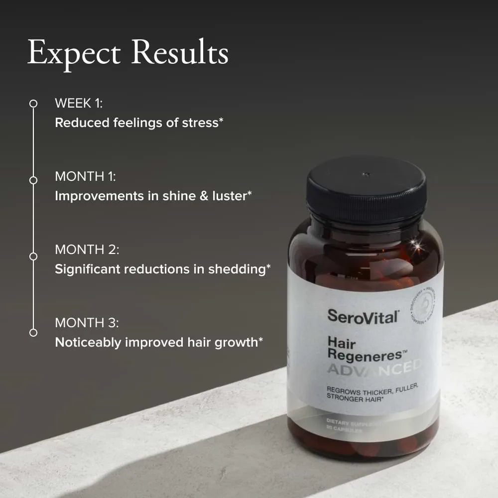 Lumeyr Hair Regeneres Advanced bottle next to a timeline showing expected results: Reduced feelings of stress in Week 1, improvements in shine and luster in Month 1, significant reductions in shedding in Month 2, and noticeably improved hair growth in Month 3.