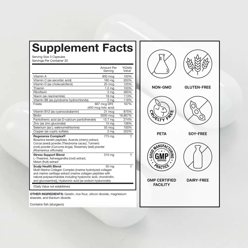 Supplement Facts panel for Lumeyr Hair Regeneres Advanced showing ingredients, including the Regeneres Complex, Stress Support Blend, and Scalp Health Blend, along with the high content of Biotin (5000mcg) and Vitamin D (180mg). Certifications listed include Non-GMO, Gluten-Free, Cruelty-Free, Soy-Free, GMP Certified, and Dairy-Free
